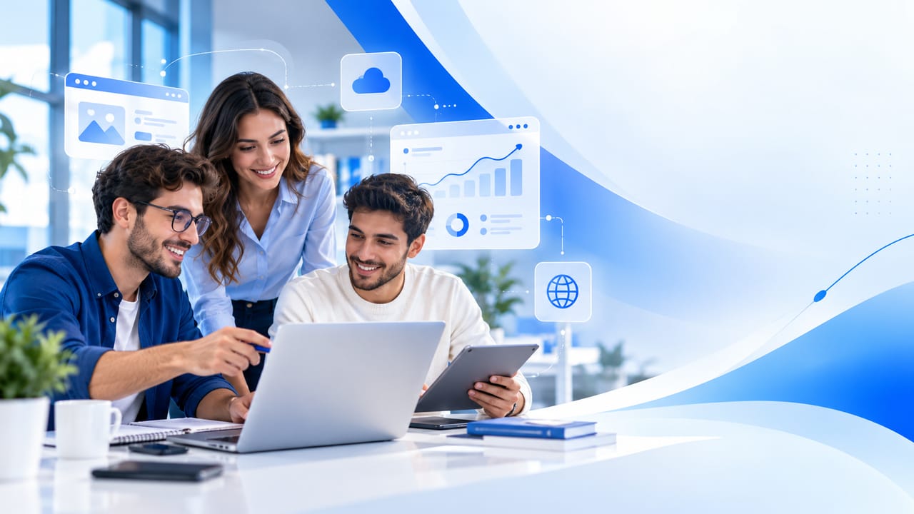 Equipo de tres personas revisando un proyecto web en un portátil y una tableta, rodeado de iconos de nube, analítica y web